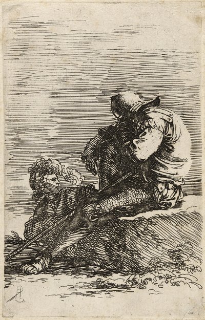 Twee soldaten, een zittend op een richel met een stok door Salvator Rosa